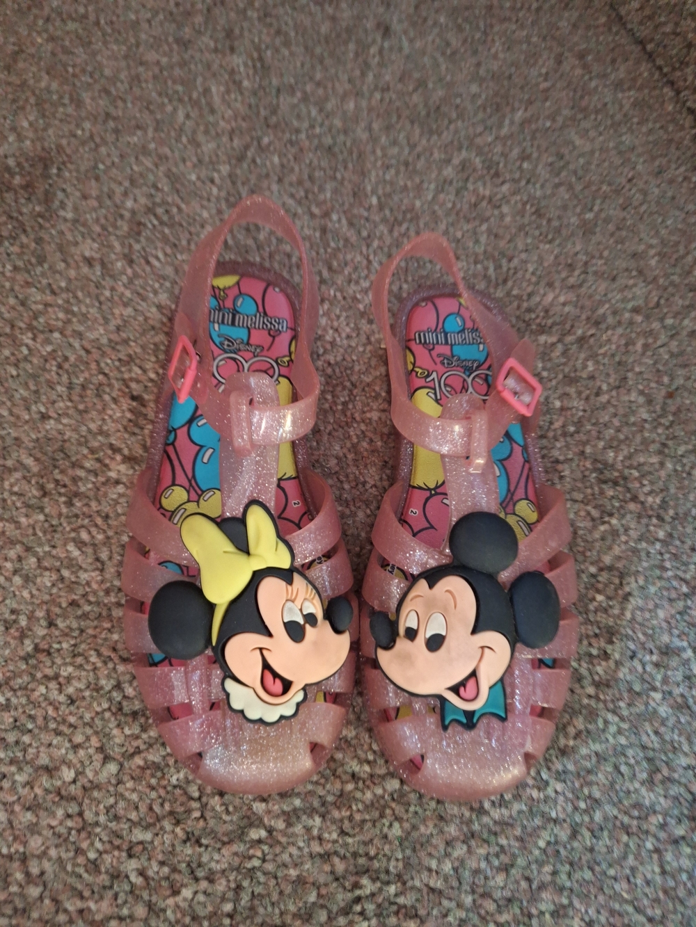 Mini Melissa Pink Glitter Jelly Sandals with Mickey & Minnie